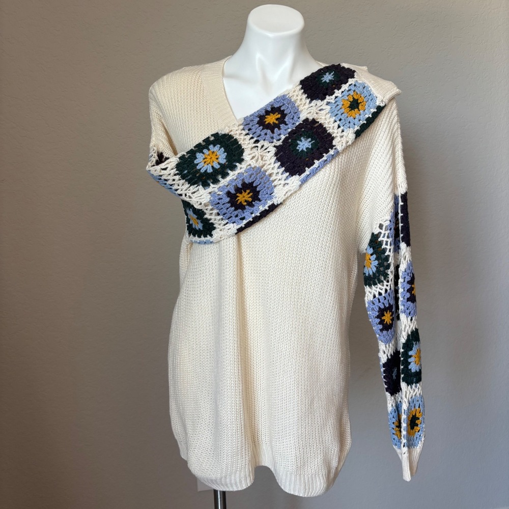 Wildflower Blooms Crochet Sleeves Multicolored Sweater Sweet Lovely by Jen Sz Sm